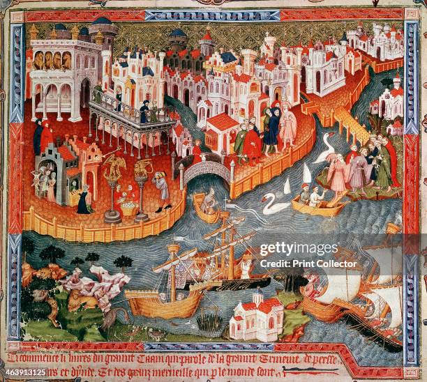 Marco Polo sailing from Venice in 1271, . Together with his father and uncle, Venetian traveller and merchant Marco Polo set off from Venice,...