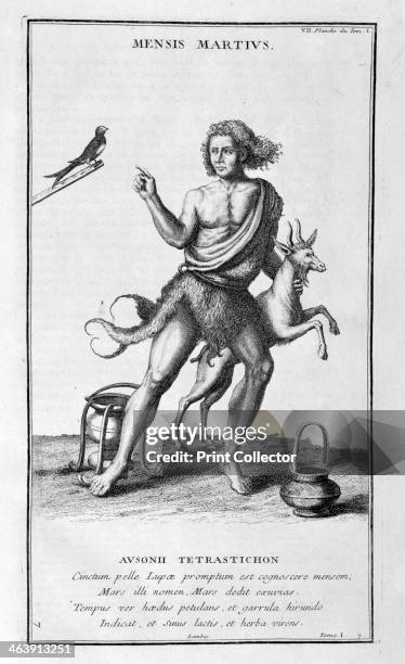 Representation of March', 1757. A man in the skin of a she-wolf, with a swallow and a goat symbolising the beginning of spring. A plate from...