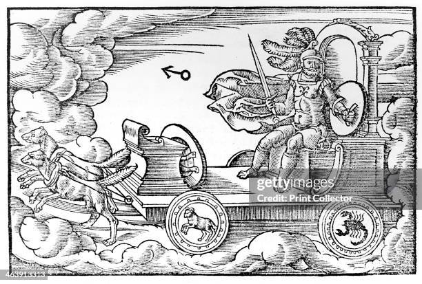 Mars, Roman god of war, 1569. Mars riding in his chariot pulled by dogs . Mars was regarded as a male planet, hot and fiery. Those born under Mars...