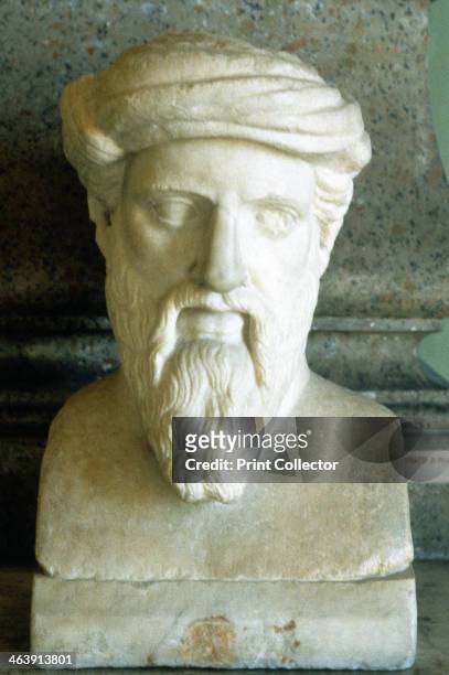 Pythagoras, Ancient Greek mathematician and philosopher, 6th century BC. Portrait bust. As a philosopher, Pythagoras promoted the doctrine of the...