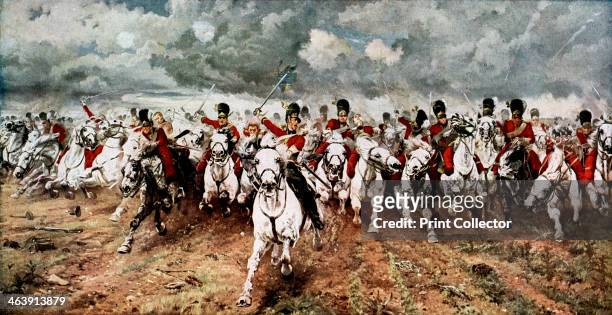 'Scotland for Ever'; the charge of the Scots Greys at Waterloo, 18 June 1815. The attack by the Royal Scots Greys cavalry regiment on the French 45th...