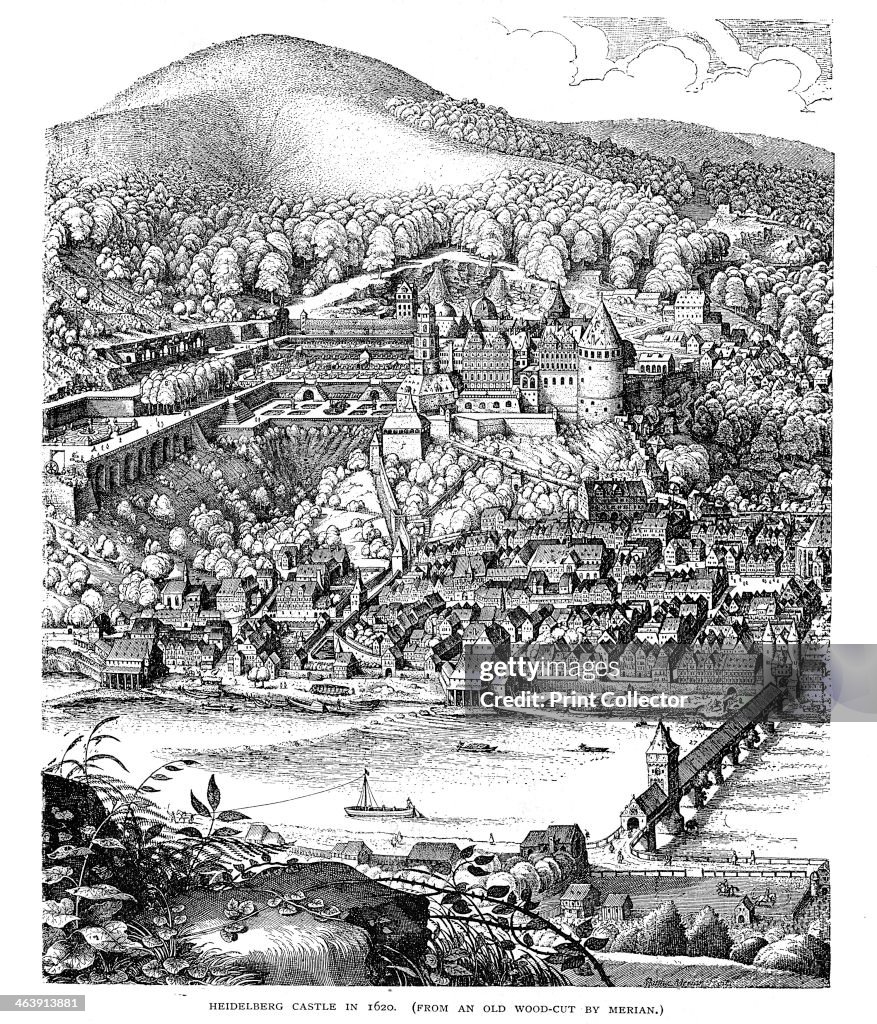 Heidelberg Castle and town viewed across the Neckar river, Germany, in 1620.