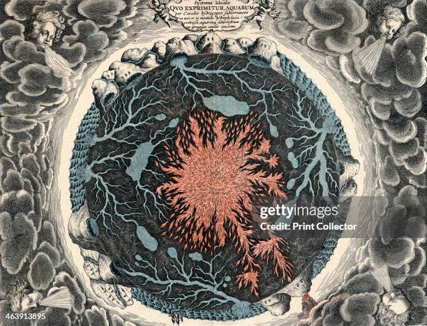 Sectional view of the Earth, showing central fire and underground canals linked to oceans, 1665. From Mundus Subterraneous by Athanasius Kircher.