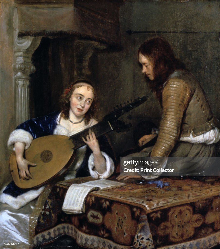 'A Woman Playing the Theorbo-Lute and a Cavalier', c1658. Artist: Gerard Terborch II