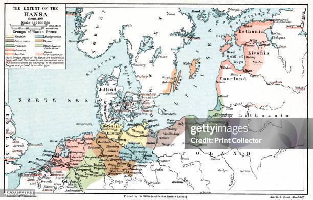 Map of the extent of the Hanseatic League in about 1400. The Hanseatic League was an alliance of about 100 north German towns and trading interests...