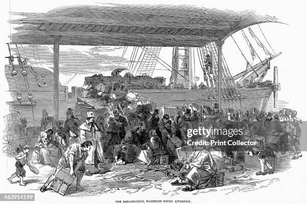 Irish emigrants embarking for America at Waterloo Docks, Liverpool, 1850. The failure of the Irish potato crop in the 1840s led to a devastating...