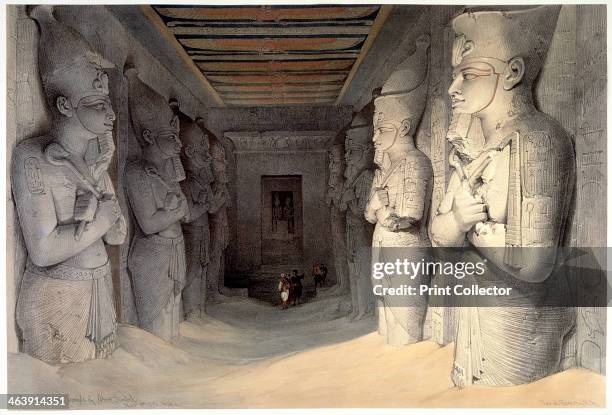 Giant limestone statues of Rameses II, Temple of Rameses, Abu Simbel, Egypt, 1836. The reign of the Ancient Egyptian pharaoh Rameses II was notable...