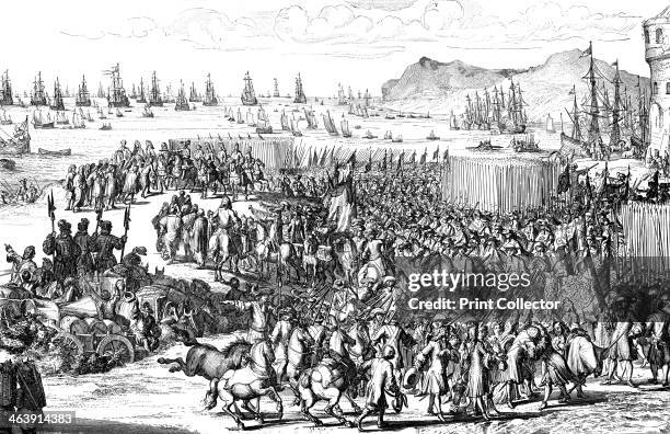 William of Orange landing with his army at Torbay, Devon, 5 November 1688. A protestant, William of Orange was invited by a conspiracy of English...