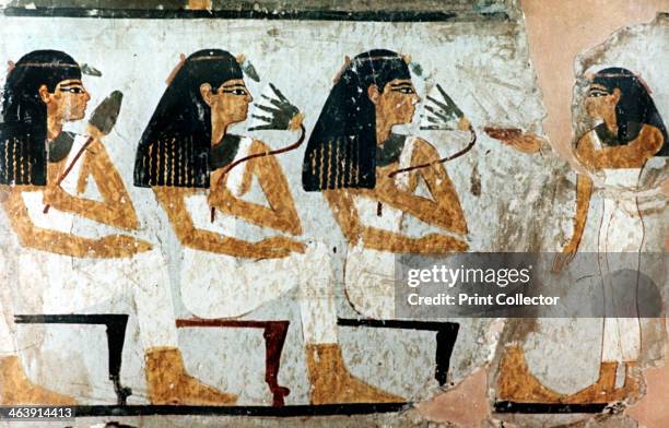 Women with Flowers and Lotus, 18th Dynasty. Fragment of wall painting in Egyptian tomb, Egypt Museum, Berlin.