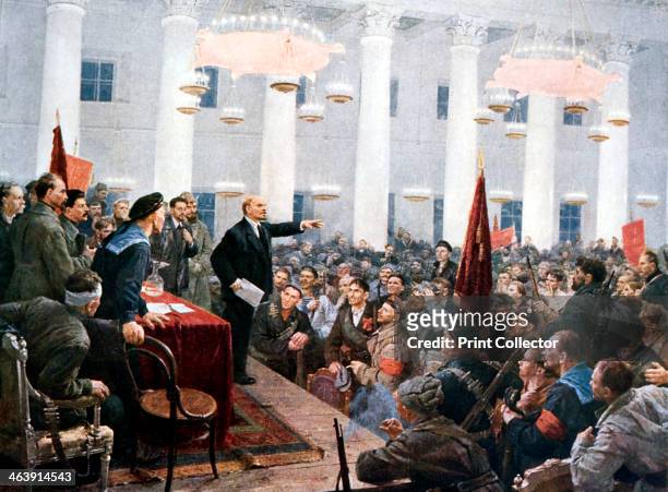 Lenin haranguing deputies of the 2nd Soviet Congress, Smolny Palace, St Petersburg, 1917. This meeting on 26 October 1917, the day after the storming...