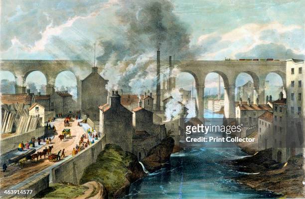 Train crossing Stockport viaduct on the London & North Western Railway, c1845. Note the pollution of the river banks, smoking chimneys and the...