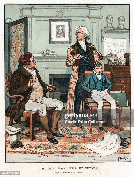 Phrenology, 1820 . Measuring the bumps on a boy's head to assess his future. On the wall in the background is a portrait of of Franz Josef Gall the...