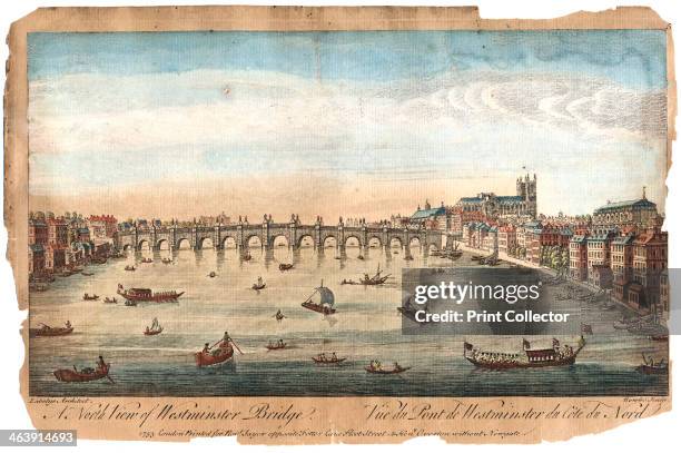 Westminster Bridge, London, 1753. Westminster Abbey is on the right. At this date the Thames was a busy city thoroughfare, as can be seen from the...