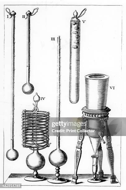 Early thermometers, 1691. Various kinds of 17th century thermometers and a rain gauge . From Saggi di naturali esperienze fatte nell' Accademia del...