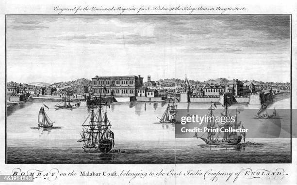 Bombay, the East India Company's port on the Malabar Coast of India, 1755. Company trading vessels are in the foreground and quayside warehouses and...