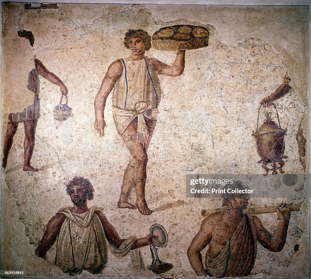 Servants or slaves making preparations for a feast, mosaic, Carthage, 2nd century.