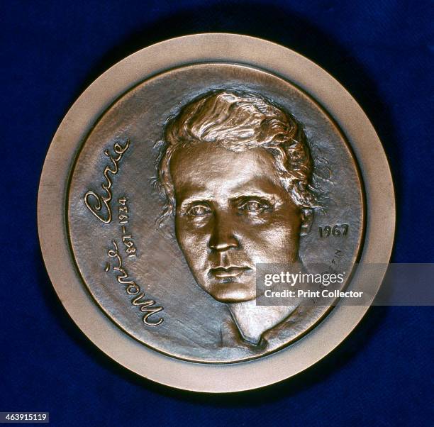 Medal commemorating Marie Sklodowska Curie, Polish-born French physicist, 1967. Obverse of a medal issued in 1967 to commemorate the centenary of her...