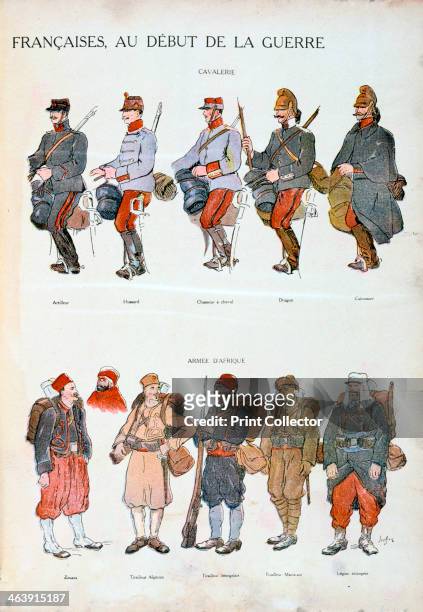 French army uniforms, World War One, 1914. Uniforms of the French cavalry and the soldiers of African origin, at the start of the war.