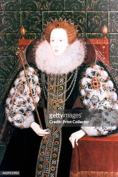 Elizabeth I, Queen of England and Ireland, 1558-1603. The last Tudor monarch, Elizabeth I ruled from 1558 until 1603. She is depicted seated on the...