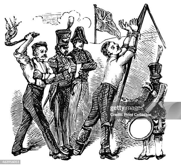 British military discipline, 19th century. A soldier, tied to the triangle, being flogged with a cat-o-nine-tails. In 1867 Parliament abolished...