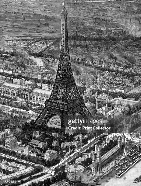 Bird's-eye view of the Eiffel Tower at the time of the opening of the Paris Exposition of 1889. Designed by the French civil engineer Gustave Eiffel...