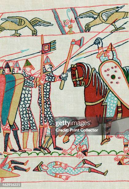 Battle of Hastings, 1066 . Harold II's Anglo-Saxon troops led by an armoured standard bearer and a warrior with an axe, confront Norman cavalryman...