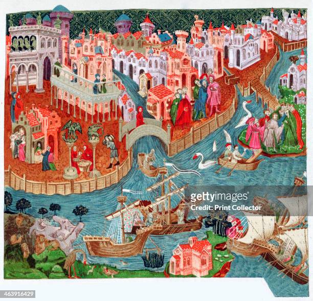 Marco Polo, Venetian merchant and explorer, 14th century. Marco Polo setting out with his uncles from Venice for the Far East. In the foreground are...