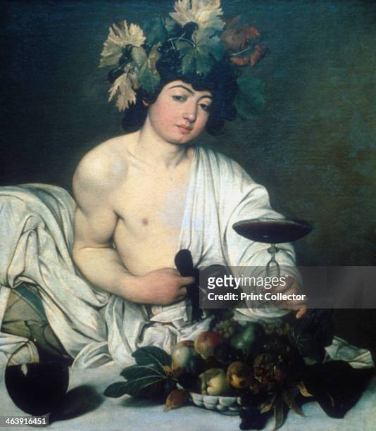 'Bacchus', c1597. Bacchus, Roman god of wine , seated as at a banquet, with a wreath of vine leaves, holding a drinking vessel. From the Uffizi...