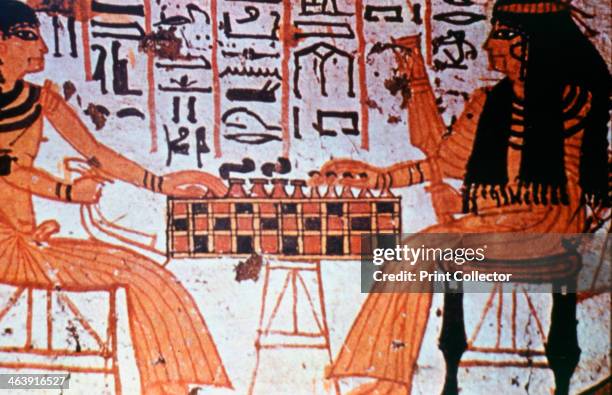 Chapel Interior, Nobles Playing Chess, Thebes, Egypt. Wall painting of two Egyptian nobles playing a board game.