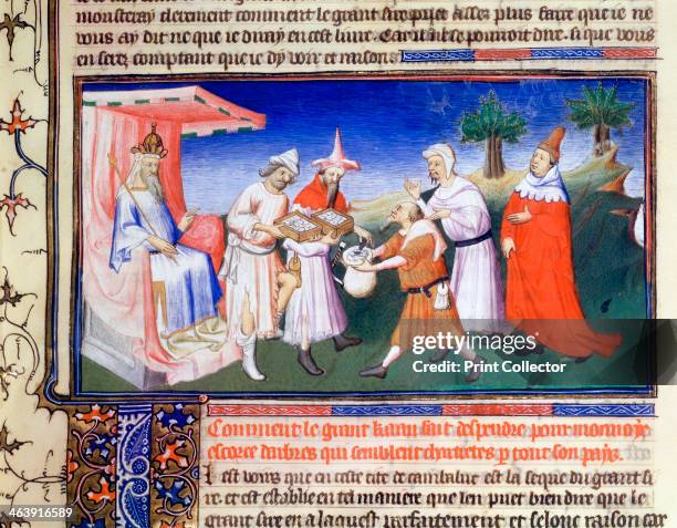 Kublai Khan paying for purchases, c1260s, . Marco Polo Venetian traveller and merchant, left Venice with his father and uncle in 1271. Seventeen...