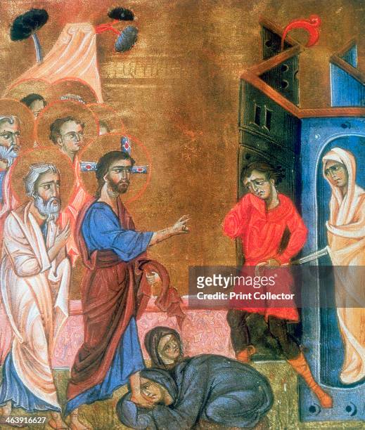 'The Raising of Lazarus', c1268. Martha and Mary, sisters of Lazarus, kneel at Jesus' feet as Lazarus is led from tomb in his shroud. From an...