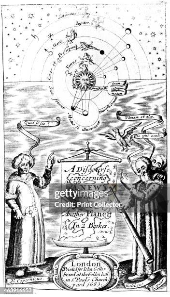 Title page of A Discourse Concerning a New World & Another Planet by John Wilkins, 1683. Copernicus, Galileo and Kepler are represented in the bottom...