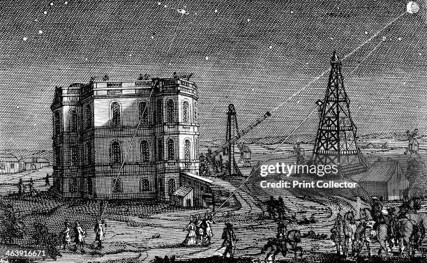 Paris Observatory, France, 1740. Astronomers using telescopes to observe objects in the night sky including Saturn and the Moon. The Paris...