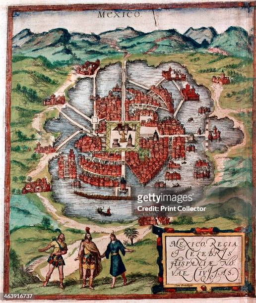 Mexico City in the early 16th century. Depiction probably based on a sketch in the conquistador Hernan Cortes' book of 1524. From the British Museum.