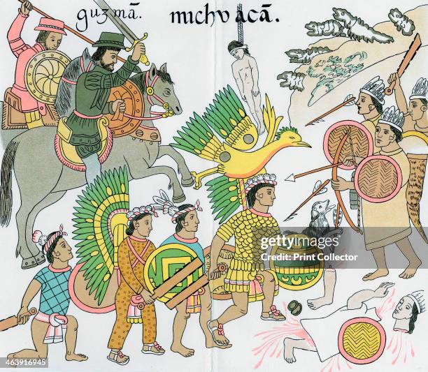 Battle between Nuno de Guzman and inhabitants of Michuacan, Mexico, 16th century. De Guzman and his native Tlazcalan allies attacking Michuacan. In...