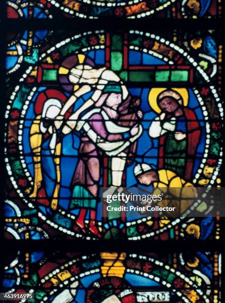 The Descent from the Cross, stained glass, Chartres Cathedral, France, 1194-1260.