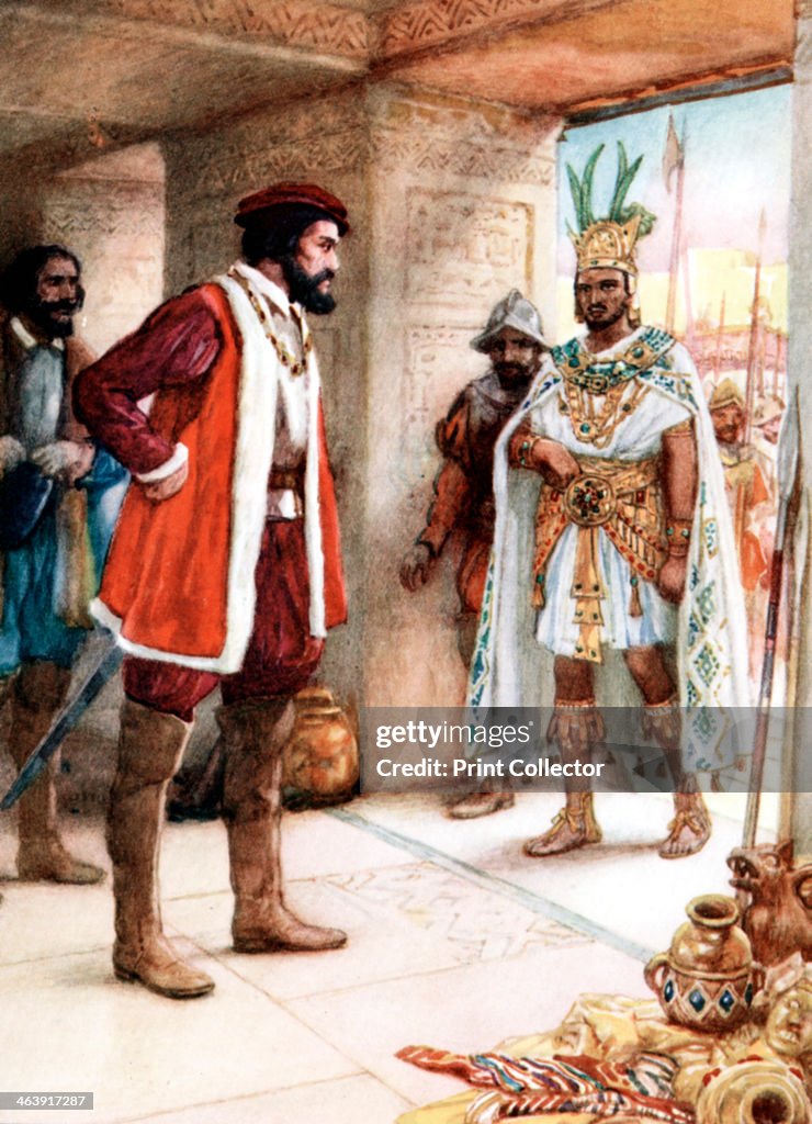 Hernan Cortes meeting the Aztec Emperor Montezuma, 1519.