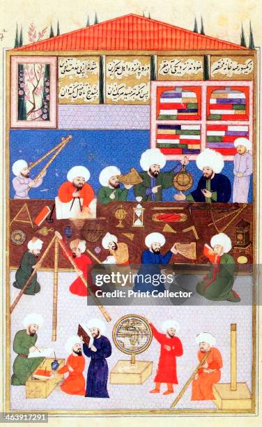 The Turkish astronomer Takiuddin at his observatory at Galata, Istanbul, 1581. Showing astronomical instruments in use at the time.