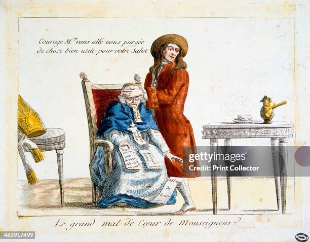 French Revolution 1789: anti-clericalism. Anti-clerical caricature on the confiscation of the wealth of the Church. The physician is saying to the...