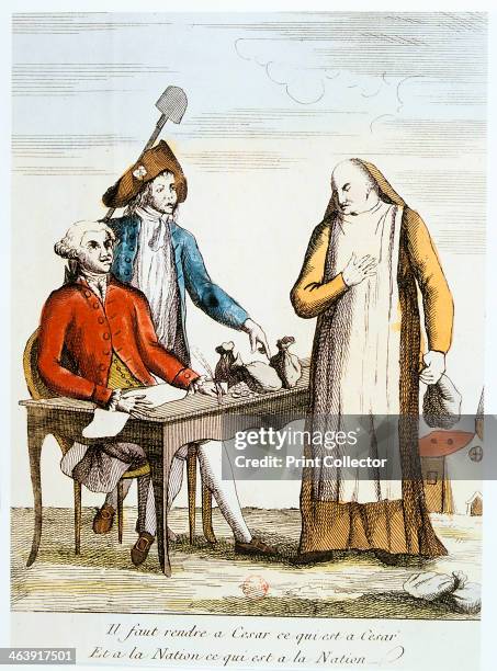 French Revolution 1789: anti-clericalism. Anti-clerical caricature on the confiscation of the wealth of the Church. A monk, representing the Church,...