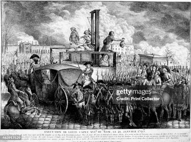Execution of Louis XVI, 1793. The head of Louis XVI , King of France from 1774, being shown to the crowd after his execution by guillotine in the...