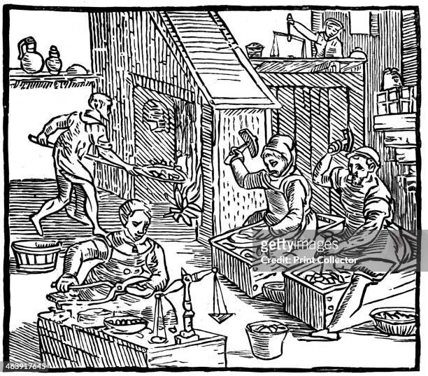Interior of a mint showing coins being stamped out and weighed to see they contain correct amount of metal, 1577. Debasement of coinage by clipping...