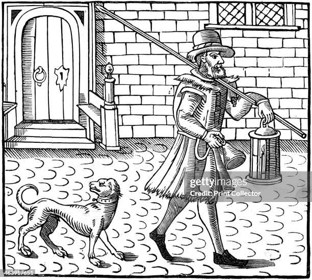 The Bellman of London, 1616. London night-watchman going on his rounds with bell, lantern and pike, with his dog at his heels. Such a figure would...