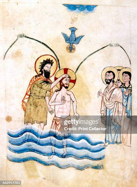 'The Baptism of Jesus by St John the Baptist', c1334. St John and Jesus, with his hand lifted in blessing with three fingers raised, symbolising the...