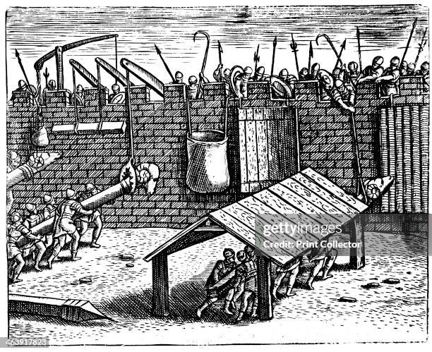 Roman siege warfare, 1605. Defenders attempting to disable battering rams. On the right, attackers are handling a ram under a protective 'cat'. From...