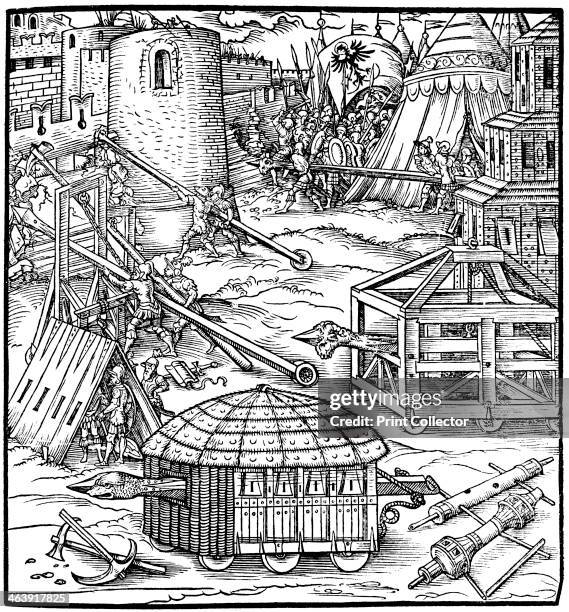 Various forms of siege equipment, including battering rams, 1547. From Architectur...Mathematischen...Kunst by Gaultherius Rivius, 1547.