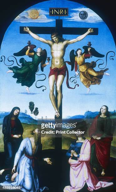 'Mond Crucifixion' , c1530. The Virgin Mary and St John the Apostle stand on either side of the cross. Figures kneeling in the foreground are St...