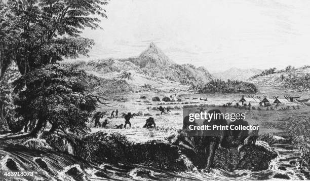 Fuegians at Woollya, with the Fitzroy expedition's camp in the background, 1831 . From Robert Fitzroy's Narrative of the Surveying Voyages of His...
