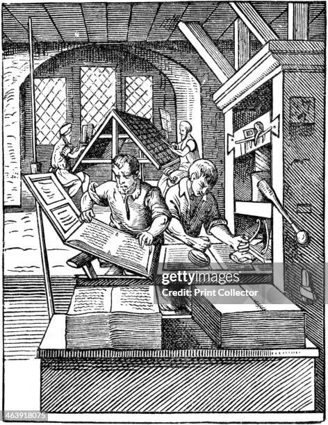 'The Printer's Workshop', 1568. In the background compositors are sitting at the type cases setting up the text. In the foreground a printed sheet is...