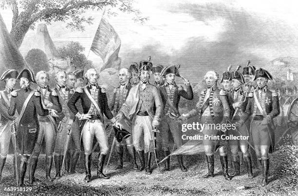 Battle of Yorktown, Virginia, American War of Independence, 1781. British commanders Charles, Marquis of Cornwallis , O'Hara and Chewton surrendering...